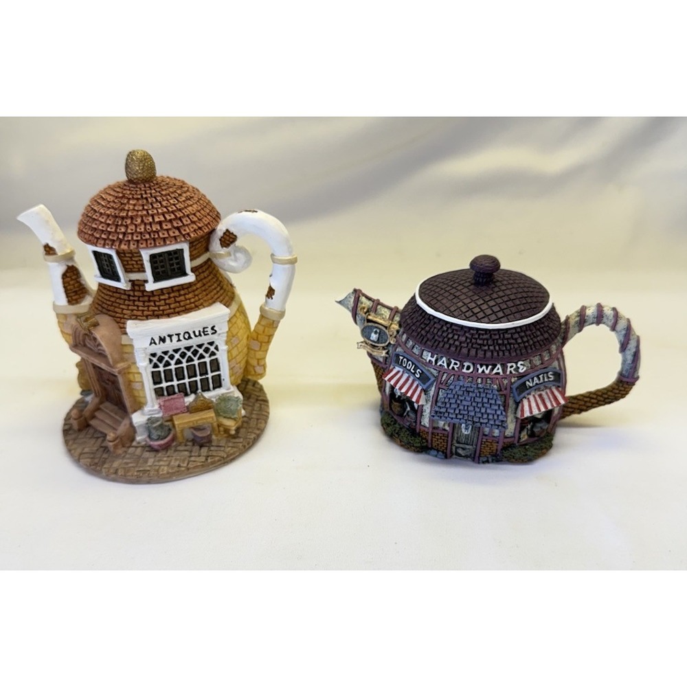 Lot Of 2 Hometown Teapot Cottages "Antiques Store" & Hardware Miniature Teapots